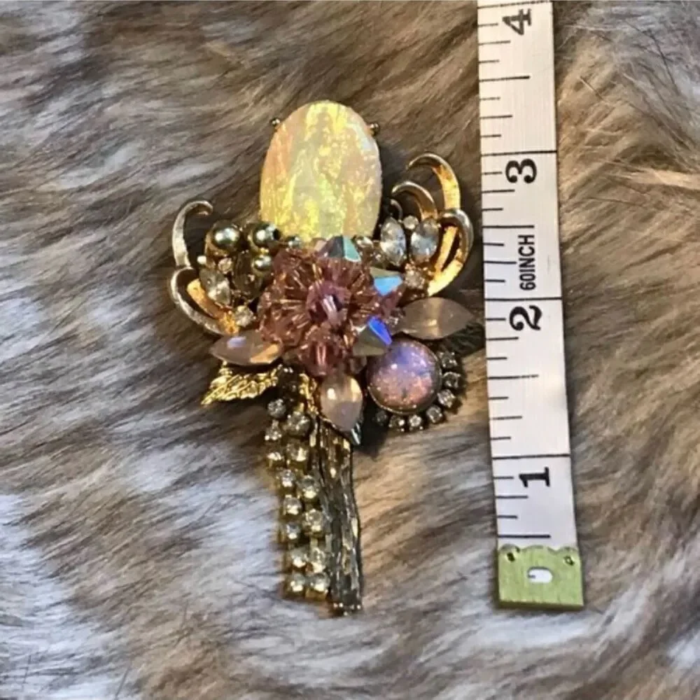 Pink Faux Opal and Gold Beaded Brooch Pin